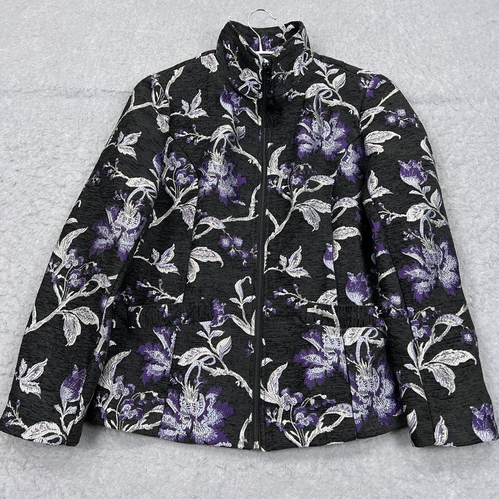 Susan Graver Jacket Women's 14 Black Tapestry Embroidered Floral Shacket Cottage